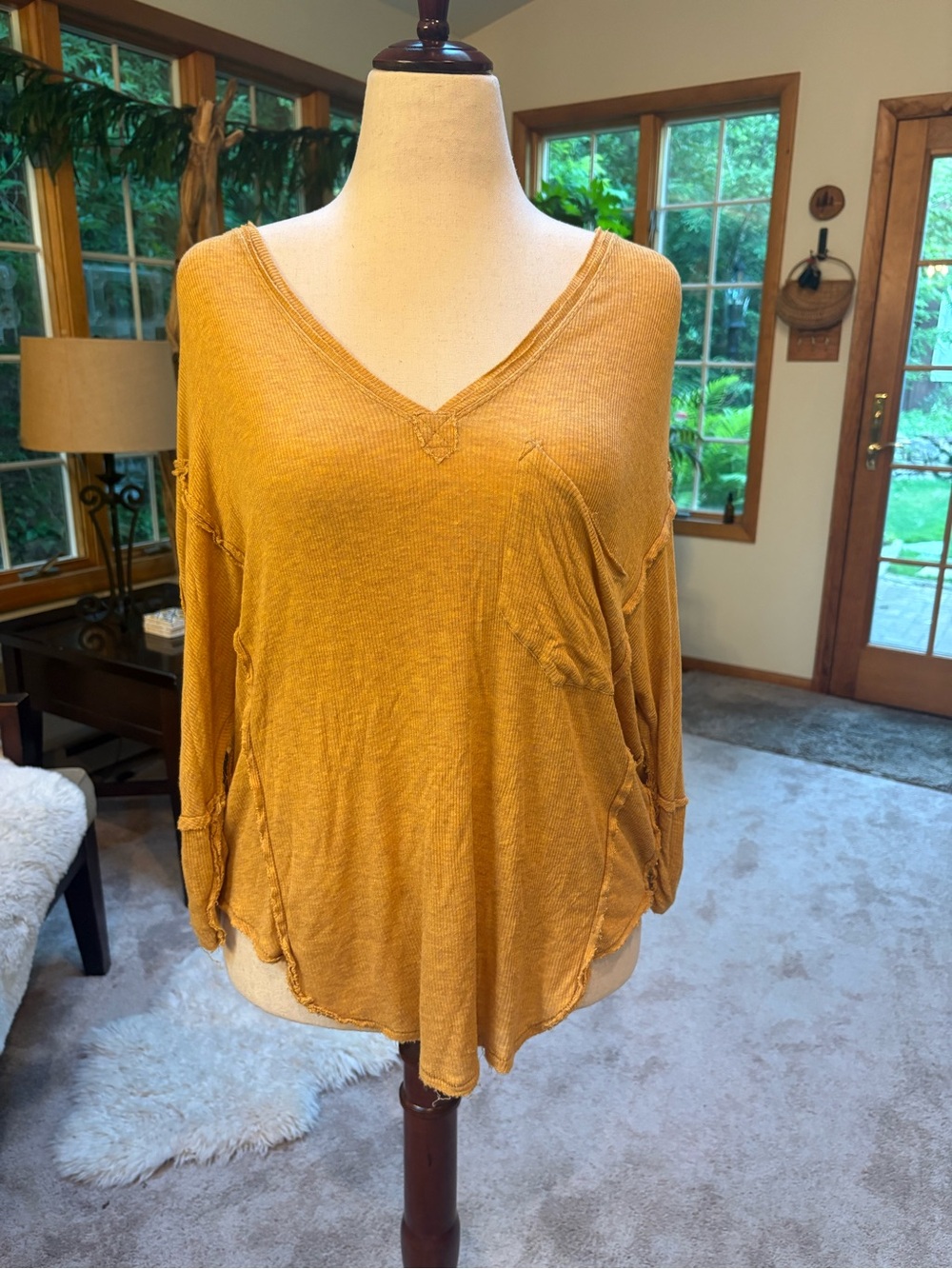 Free People Ribbed V-Neck Pocket Tunic in Mustard